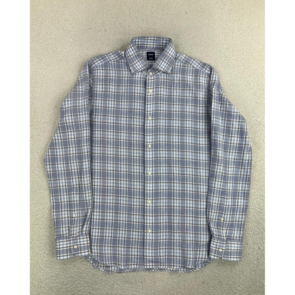 Boggi Milano Dress Shirt Mens 17 34/35 Blue Plaid Tailored Fit Linen Cotton LS